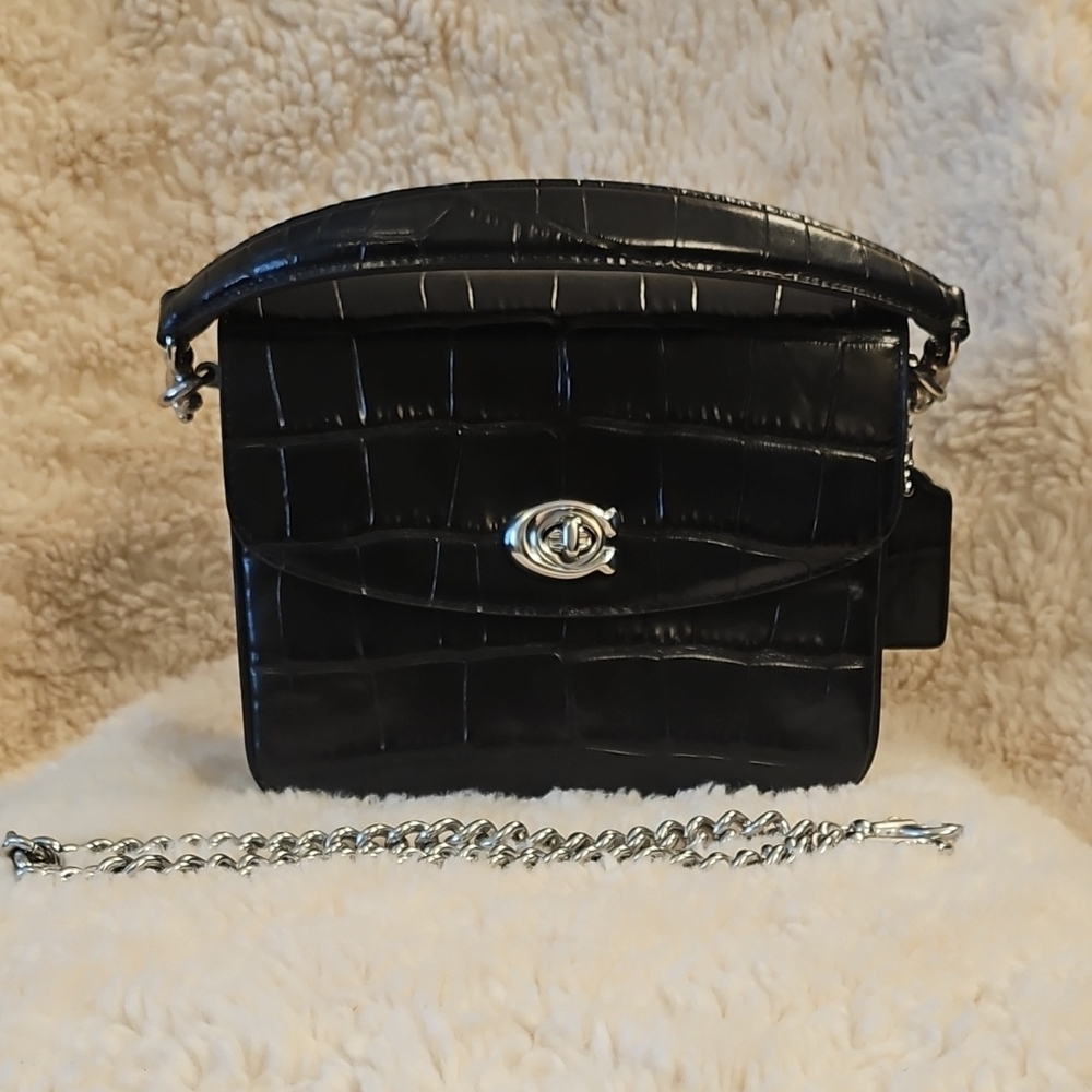 Coach Cassie Black Croc-Embossed Crossbody Bag with Chain Strap